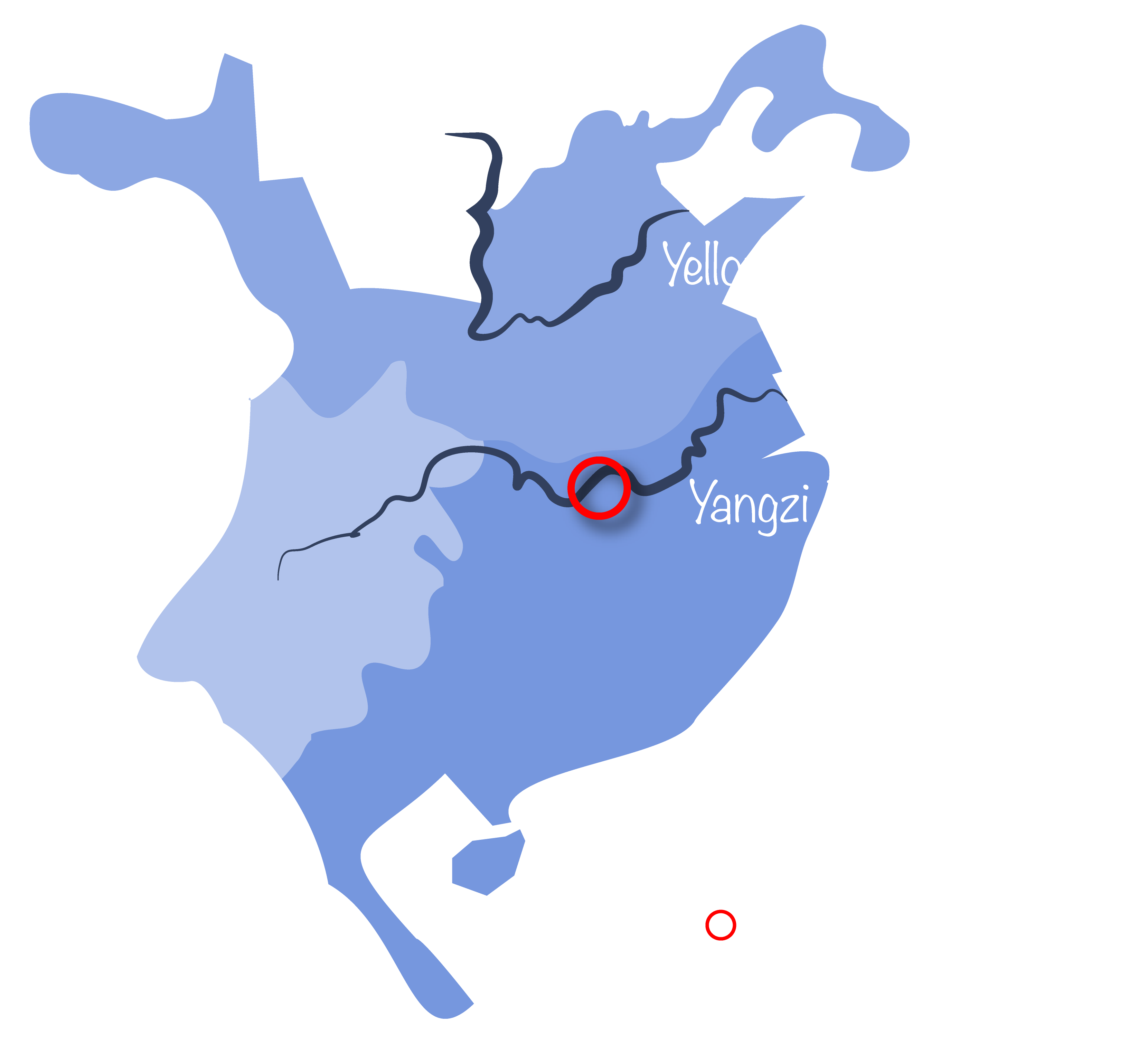 Simple map showing the location of the Yellow River, the Yangzi River, the putative site of the Battle of Red Cliff and what would later become the Three Kingdoms